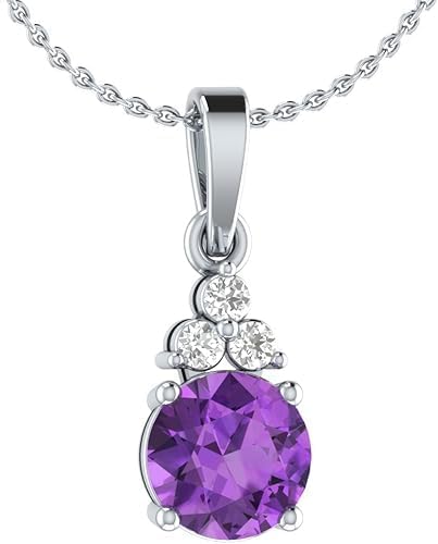 Jewels 14k Solid White Gold with Natural Amethyst & Diamonds Pendant Necklace (18-inch Sterling Silver Chain.)