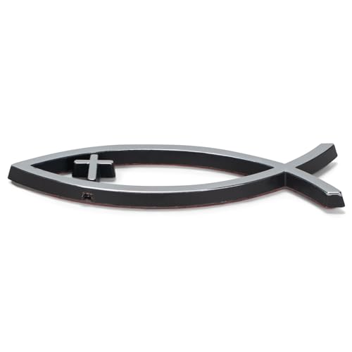 Image of Dicksons, Large Silvertone Christian Cross and Fish Symbol, for Car, Vehicle, Truck, Van, Super Adhesive, All Weather, Inspirational Bumper, Easy Peel and Stick Auto Emblem, 2 - Piece Pack