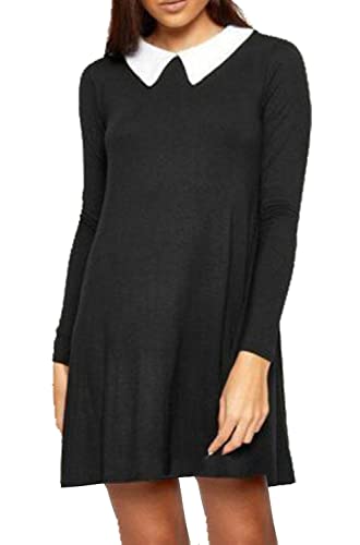 Vestido con Vuelo en Forma de A para Mujer - Cuello de Peter Pan y Manga Larga - Largo hasta la Rodilla - Negro - M/L - UK 12-14/EU 40-42