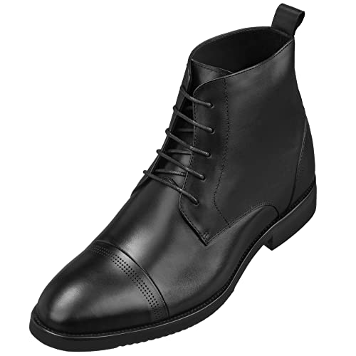 CALTO Men's Invisible Height Increasing Elevator Shoes - Black Premium Leather Lace-up Cap-Toe Dress Boots - 2.8 Inches Taller - K28003 - Size 10 D(M) US