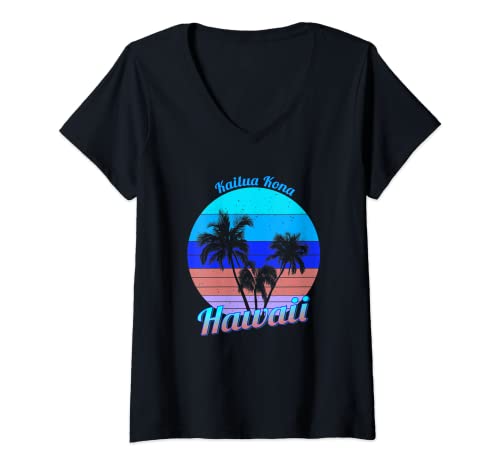 Mujer Kailua Kona Hawaii Retro Tropical Palmeras Vacaciones Camiseta Cuello V