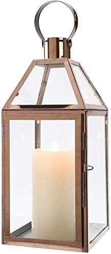 JHY Design Stainless Steel Candle Lanterns, 34cm High Hanging Lantern Glass Lanterns Balcony Accessories for Candles Indoor Outdoor Parties Wedding Gift Garden Hallway Patio Living Room(Rose Gold)
