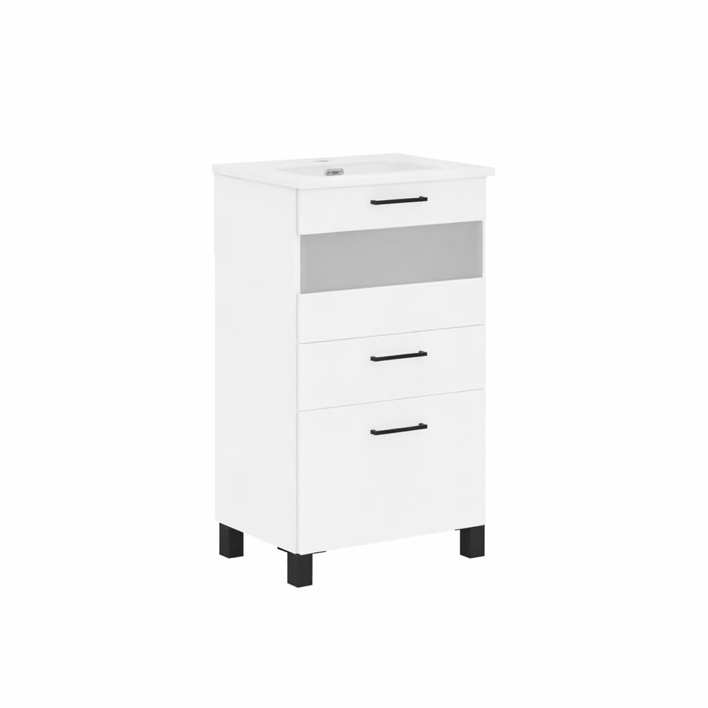 Baikal Mueble de Baño Win. Mueble MONTADO. 2 Cajones + Puerta Abatible con Vitrina. Patas Negras. Armario de Baño. Lavabo Ceramico. Altura 75cm. Fondo 39cm. Ancho 50cm Blanco
