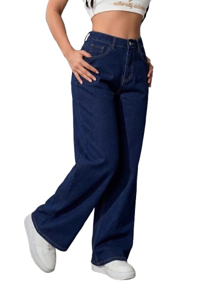 Women's Wide Leg Jeans, Dark Blue Washed Denim, High Rise, Relaxed Baggy Fit, Casual Streetwear, High Waist, Dark Blue, Casual Straight Trousers with Pockets-picture-25