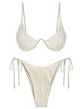 ZAFUL Women Sexy Brazilian Bikini 2 Piece Spaghetti Strap Top High Cut Thong Swimsuit Bathing Suit Beige L