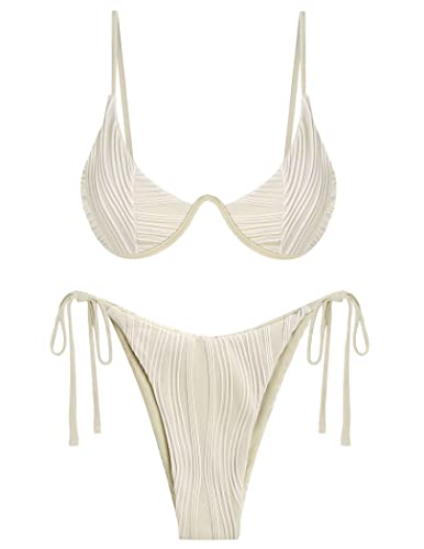 ZAFUL Bikini Set for Women Back Clasp Ribbed Two Piece Swimsuit Cute High Leg Triangle Bathing Suit Beige XS