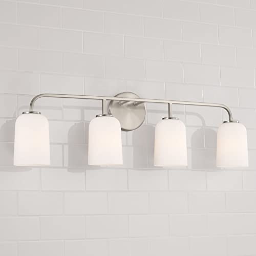 Image of HomePlace Lighting 148841BN-542 Lawson Transitional Soft White Glass Bell Vanity Light for Bathroom, 4-Light 400 Total Watts, 10 inch H x 32 inch W, Brushed /Satin Nickel
