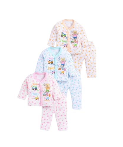 Image of Baby's 100% Cotton Shirt & Pyjama Pant Set | Full Sleeves Newborn, Infant & Toddler Dress | Ultra-Soft & Breathable Baby Night Suit | Set of 3