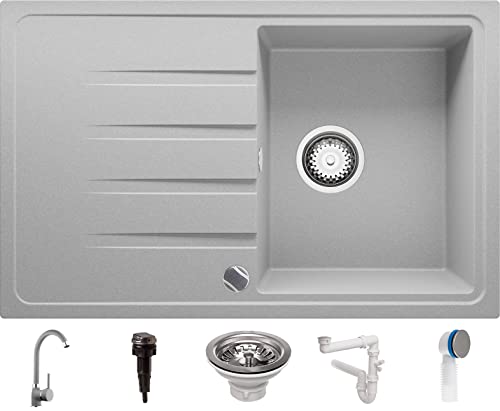 Evier Cuisine en Granit Gris, 78 x 50 cm, Lavabo 1 bac + Robinet + Kit de Vidage Automatique, Évier à Encastrer de Primagran Cover