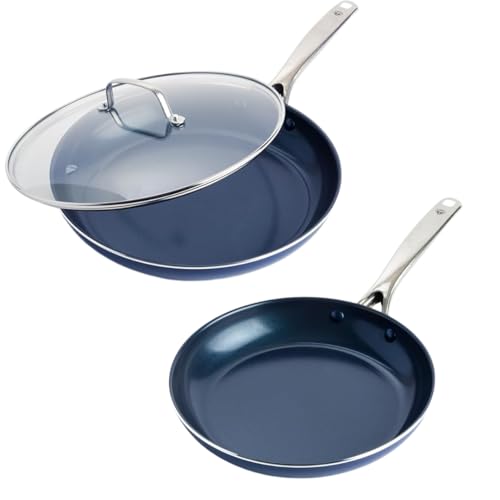 Blue Diamond 3-Piece Ceramic Non-Stick Pan Set – Diamond Infused Frying Pans with Glass Lid – Durable Non-Toxic Aluminium Cookware – Oven & Dishwasher Safe | 24cm & 28cm