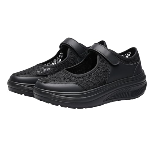 Mary Jane - Zapatos de senderismo para mujer, transpirables, de malla de encaje, con correa de y plataforma, informales, ligeros y cómodos, Black, 38.5 EU