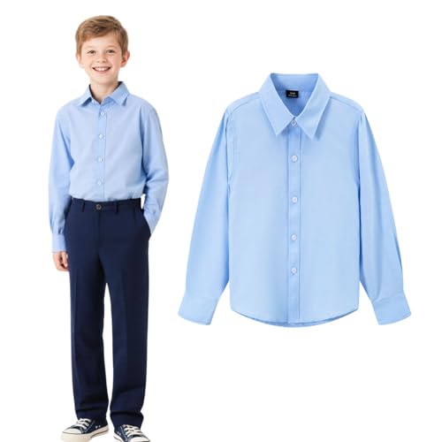 HILEELANG Boy School Uniform Shirt Kids Classic White Blue Long Sleeve Button Down Dress Shirt Ages 5-16