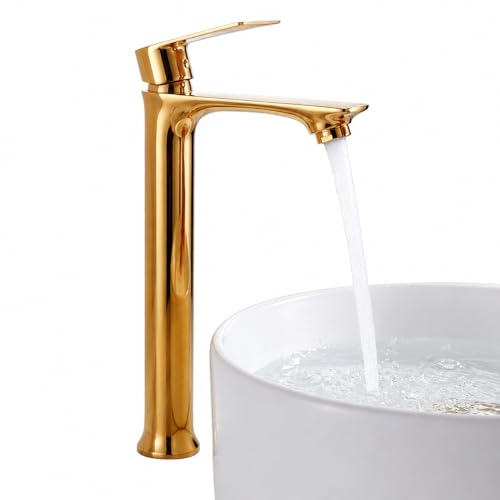 Image of Tapsa Kubix Series Gold Tap | Golden Tap | PVD Coated Tall Pillar Cock Tap /Basin Tap with Long Spout & 12 Inch Tall Body Tall Boy Extended Pillar Tap Faucet