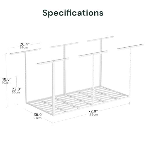 Image of SunsGrove 3x6 Garage Storage Overhead Rack Organization, Adjustable Ceiling Mounted Storage Racks, 800LBS Weight Capacity, 22 inch-40 inch Ceiling Dropdown, White