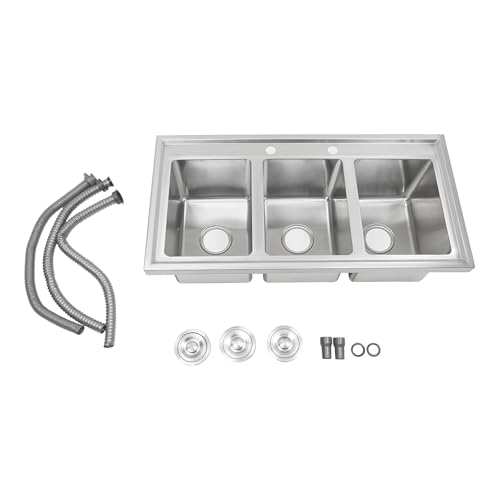 3 Compartment Undermount Kitchen Sink, 37" x 18.5" x 10" Commercial Stainless Steel Drop In Triple Bowl Kitchen Sinks for Homes, Restaurants, Bars, Hotels, Cafes
