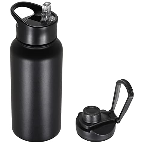 VQRRCKI 32 oz Insulated Water Bottle with Straw Lid & Wide Mouth Lids, Stainless Steel Sports Water Bottles, Double Walled Vacuum, Leak Proof, Black Cover