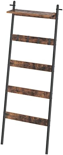 Rolanstar Blanket Ladder with Adjustable Shelf and 4 Hanging Hooks, Wall-Leaning Blanket Rack, Ladder Shelf Stand for Bathroom, Living Room, Kitchen, Rustic Brown