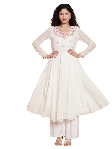Image of Poshak Hub Women Green Ethnic Motifs Aari Work Georgette Anarkali Kurta