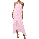 Maxikleid Damen Leichtes Flatter Sommerkleid Damen Rückenfrei Ärmellos Neckholderkleid mit Rüschensaum Einfarbig Elegant Stapeln Partykleid Schulterfrei Kleid Locker Atmungsaktiv Freizeitkleid