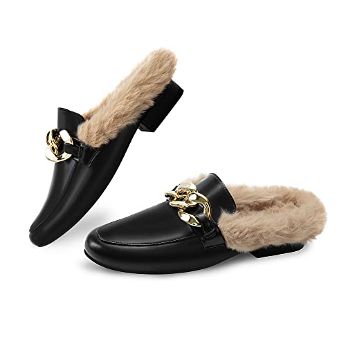 Athlefit Women's Flat Mules Backless Slip On Slides Loafers Chain Closed Toe Fur Mules For Women Black Size 8.5 #TOP4