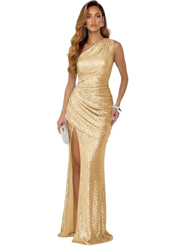 Qgeno One Shoulder Prom Dress Gold Sequin Mermaid Ruched Tight Elegant Long Sparkly Formal Evening...
