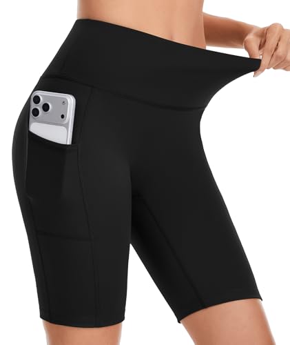 YADIFEN High Waisted Cycling Shorts Women with Pockets, Tummy Control Gym Shorts for Women, Soft Stretch Legging Short for Activewear Fitness Running Yoga Workout Exercise Biker Black M