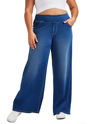 LaiEr Large Denim Wide Leg Pants for Women, High Waisted and Slimming with Multiple Pockets, Straight Tube, Loose fit, Cat Whisker, Marbling wash Craft, High Elasticity Casual Jeans