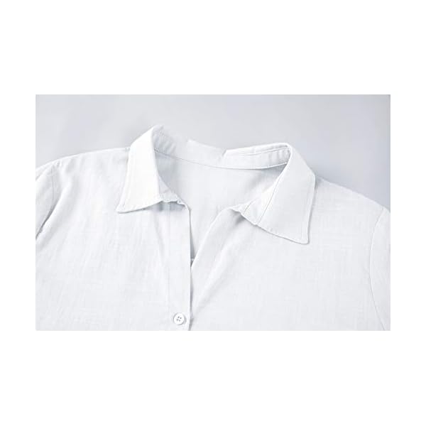 Karlywindow Womens Long Sleeve Button Down Cotton Linen Shirt Blouse Loose Fit Casual V-Neck Tops White