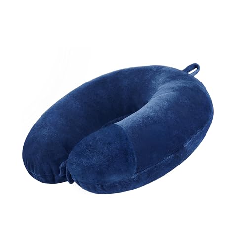 Image of U-SShaped Neck Pillow Soft Fiber Filled Travel Cushion with Snap Button, Comfortable Fabric, Neck Support for Flight, Bus, Car, Neck Pillow for Pain Relief (Navy Blue)