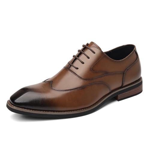 Men's Leather Chunky Heel Formal Oxford Shoes Vintage Pointed Toe Low Heel Non-Slip Business Lace-Up Dress Shoes for Wedding, Work, Evening Party