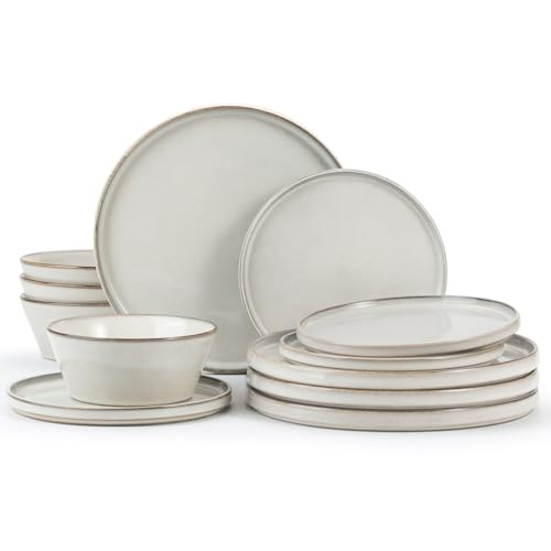 Famiware Annecy Stoneware Dinnerware Sets, Plates and Bowls Sets for 4, 12 Pieces Handmade Tableware/Dishware/Dinner/Dish Set with Lipped Edges - Double Reactive Glaze, Grey-White Famiware Annecy Stoneware Dinnerware Sets, Plates and Bowls Sets for 4, 12 Pieces Handmade Tableware/Dishware/Dinner/Dish Set with Lipped Edges - Double Reactive Glaze, Grey-White