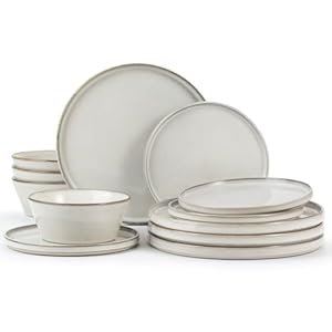 Famiware Annecy Dinner Plates and Bowls Sets, Stoneware Dinnerware Sets, Dishes Set for 4, 12 Pieces Handmade Dishware Set – Microwave & Dishwasher Safe, Double Reactive Glaze Tableware, Grey-White