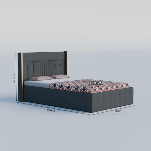 Image of Solid Wood Upholstered Single Bed for Bedroom with Storage | Premium Fabric with Button Tufted Headboard | Wooden Single Cot /Palang for Home | Modern Single Bed | Dark Grey