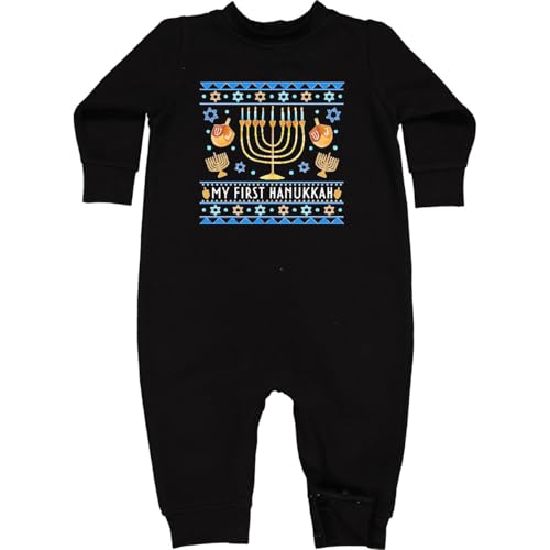 inktastic My 1st Hanukkah Sweater Style Design Menorah and Dreidels Baby Fleece Romper 12 Months Black 3d424