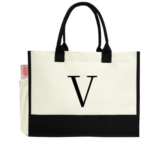 DEEZOMO Bolsa feminina com inicial personalizada - Bolsa de praia de lona personalizada, perfeita para casamento, aniversário, presente de feriado, V, V