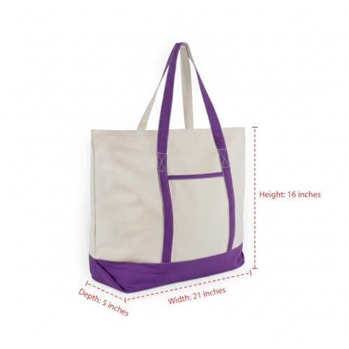 Image of Extra Large Zippered Tote Bag - Heavy Duty Purple Canvas Tote Bag for Picnic, Beach or Shopping - Sturdy, Premium Quality, Washable, Foldable and Double Stitched Cotton Canvas Tote (Purple)