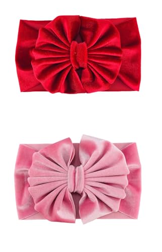 2Pcs Baby Girls Big Bow Headband Elastic Newborn Infant Toddlers Hairbands Hair Accessories (B-Red Pink, One size)