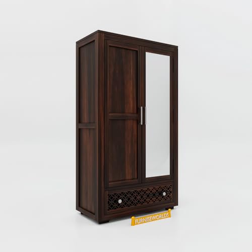 Image of Sheesham Wood 2-Door Wardrobe with Mirror, Metal Handles, 3 Shelves, Floral Carved Panel, 182.9 x 91.4 x 55.9 cm, Fully Assembled 1 Year Warrenty