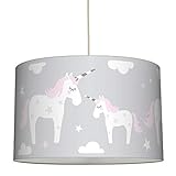 MOTIV EINHORN ROSA / GRAU: Fröhlicher Lampenschirm mit zauberhaftem Einhorn-Motiv und Sternchen in schönen Farben - Ø 30 cm / Höhe 20 cm - Leuchtenpendel inklusive
