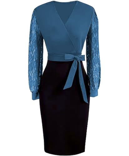 Image of BOGURST Semi Formal Church Dresses for Women Bishop Sleeve Sexy V Neck Bodycon Midi Dresses