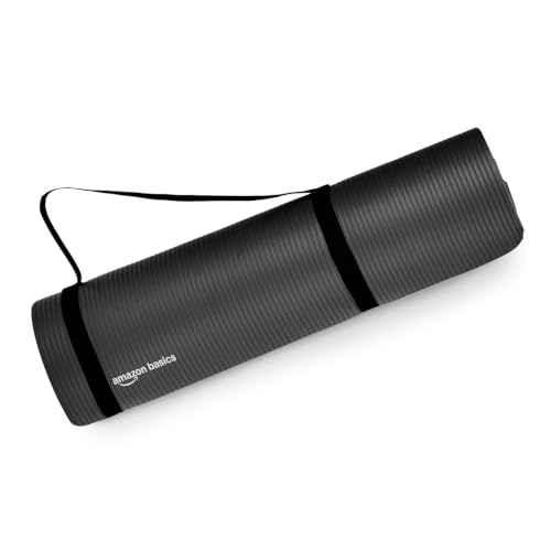 Amazon Basics NBR Yoga & Exercise Mat with Carrying Strap | 10 mm Thick Cushioned Support | Non-Slip Textured Surface | Durable Foam Rubber Material | Floor Protection | Ideal for Yoga, Pilates & Home Workouts | 183 x 61 cm | Black