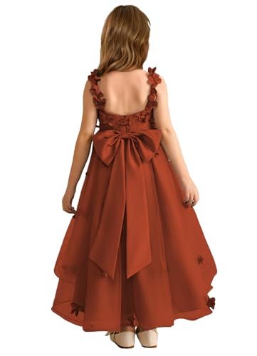 Girls 3D Lace Flowers Applique Flower Girl Dresses for Weeding Tulle Backless First Communion Dress with Bow Knot