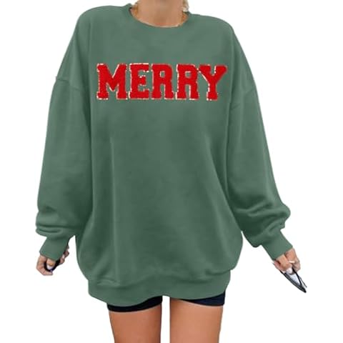 FASHGL Merry Sweatshirt Women Christmas Glitter Patch Merry Shirt Merry Letter Print Long Sleeve Overzise Pullover Tops Dark Green Cover
