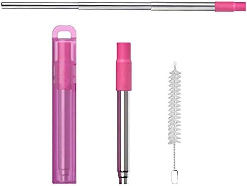 ANABGI Reusable Portable Metal Straws for Drinking, Telescopic Foldable Stainless-Steel Drinking Straw with Case and Cleaning Brush Carabiner for Coffee Juice Smoothie Milkshake, Easy to Clean (Pink)