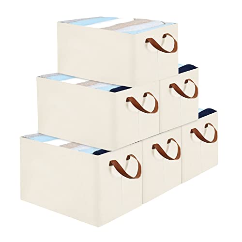Yawinhe Foldable Storage Basket With Metal Frame And 2 Leather Handles, Collapsible Storage Bins, Baskets For Organizing Shelf Nursery Home Closet (Beige, 14.56X10.23X7.87In/6-Pack) #TOP24