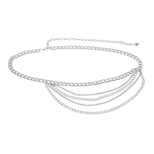 MECCANIXITY Waist Chain Belts, 43.3 Inch Length Silver Rhinestone Belt for Women with Black Drawstring Bag Women Belts Outfits Jeans Dress