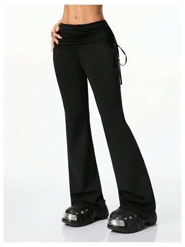 SOLY HUX Women's Vintage Flared Leggings Side Drawstring Y2k Bell Bottom Trousers Pants Streetwear3