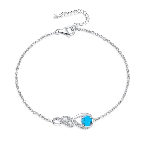 LOCIBLO December Birthstone Bracelets for Women 925 Sterling Silver Blue Synthetic Turquoise Bracelet White Gold Infinity Pendant Jewellery for Her, 6.7"+1.2"