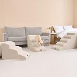 EHEYCIGA Hundetreppe für Kleine Hunde 50 cm Hoch, Haustiertreppe für Sofa Bett, Treppe für Hunde aus Hochdichtem Schwamm, Hunderampe mit Waschbarem Bezug und Rutschfestem Boden, 4 Stufen, Beige