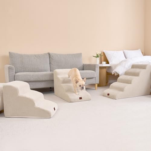 EHEYCIGA Hundetreppe für Kleine Hunde 50 cm Hoch, Haustiertreppe für Sofa Bett, Treppe für Hunde aus Hochdichtem Schwamm, Hunderampe mit Waschbarem Bezug und Rutschfestem Boden, 4 Stufen, Beige